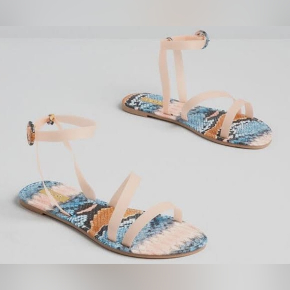 Qupid Peach Ankle-Strap Sandals with Blue Snake-Print Footbed